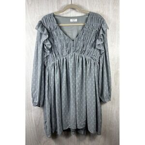 Reverof Muted Blue Gray Ruffle Mini Dress Lined Boho Romantic Size Large LG